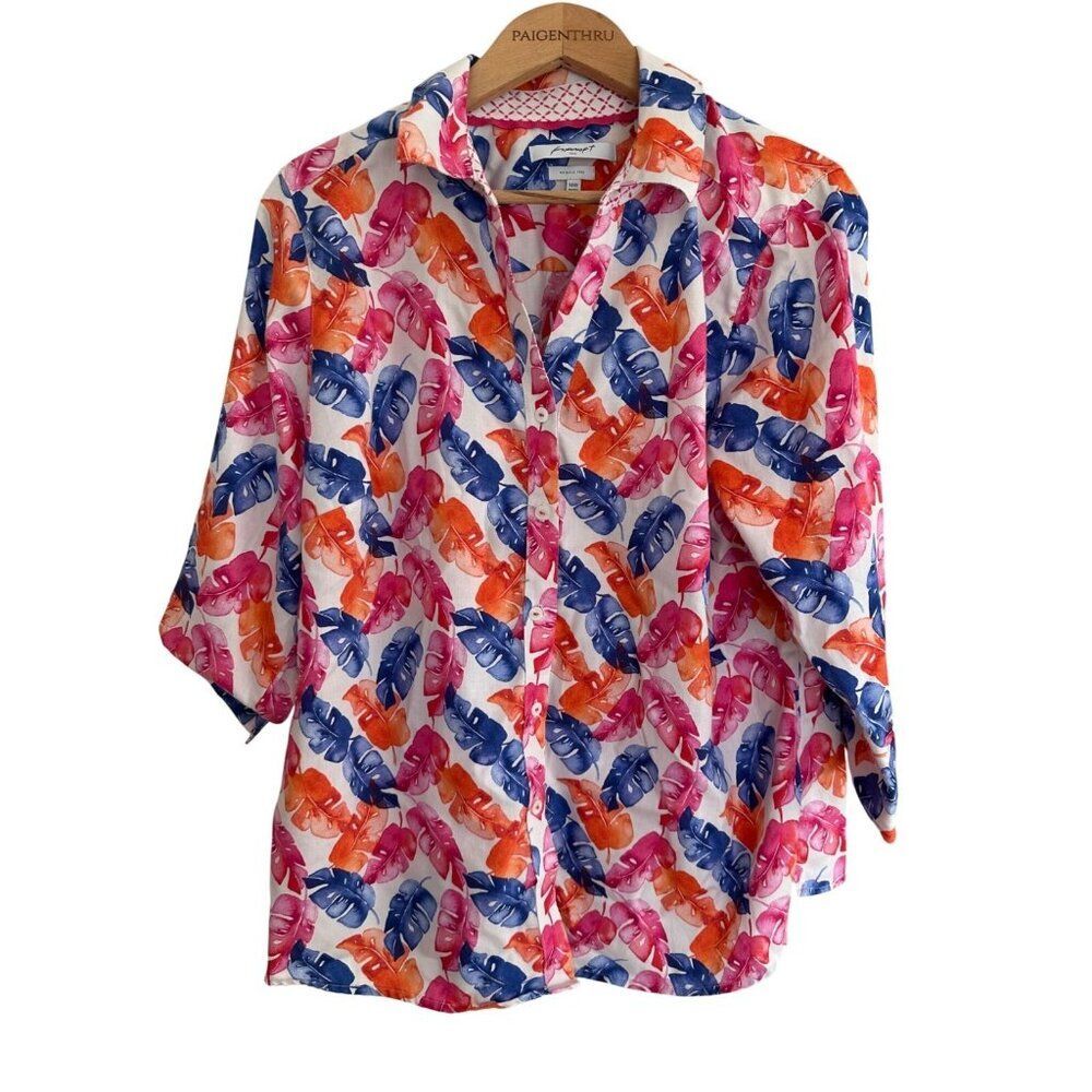 Foxcroft Wrinkle Free Multicolor Leaf Cotton Button Blouse Women's Sz 14W